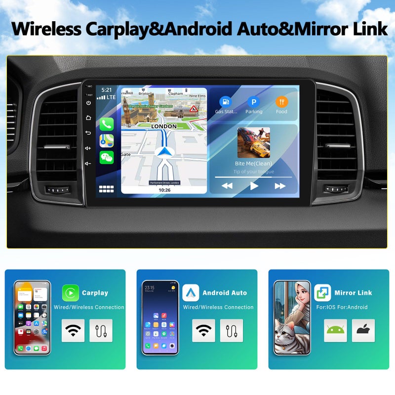 AMprime Android Double Din Car Stereo with Apple Carplay 10.1'' Touchscreen Car Radio Support Bluetooth, WiFi, GPS, FM, SWC + Rear Camera & External Microphone - Image 2